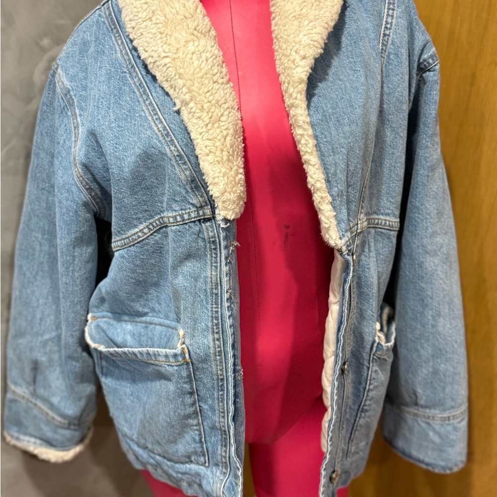 Topshop Blue Denim Jacket with Cream Sherpa Lining